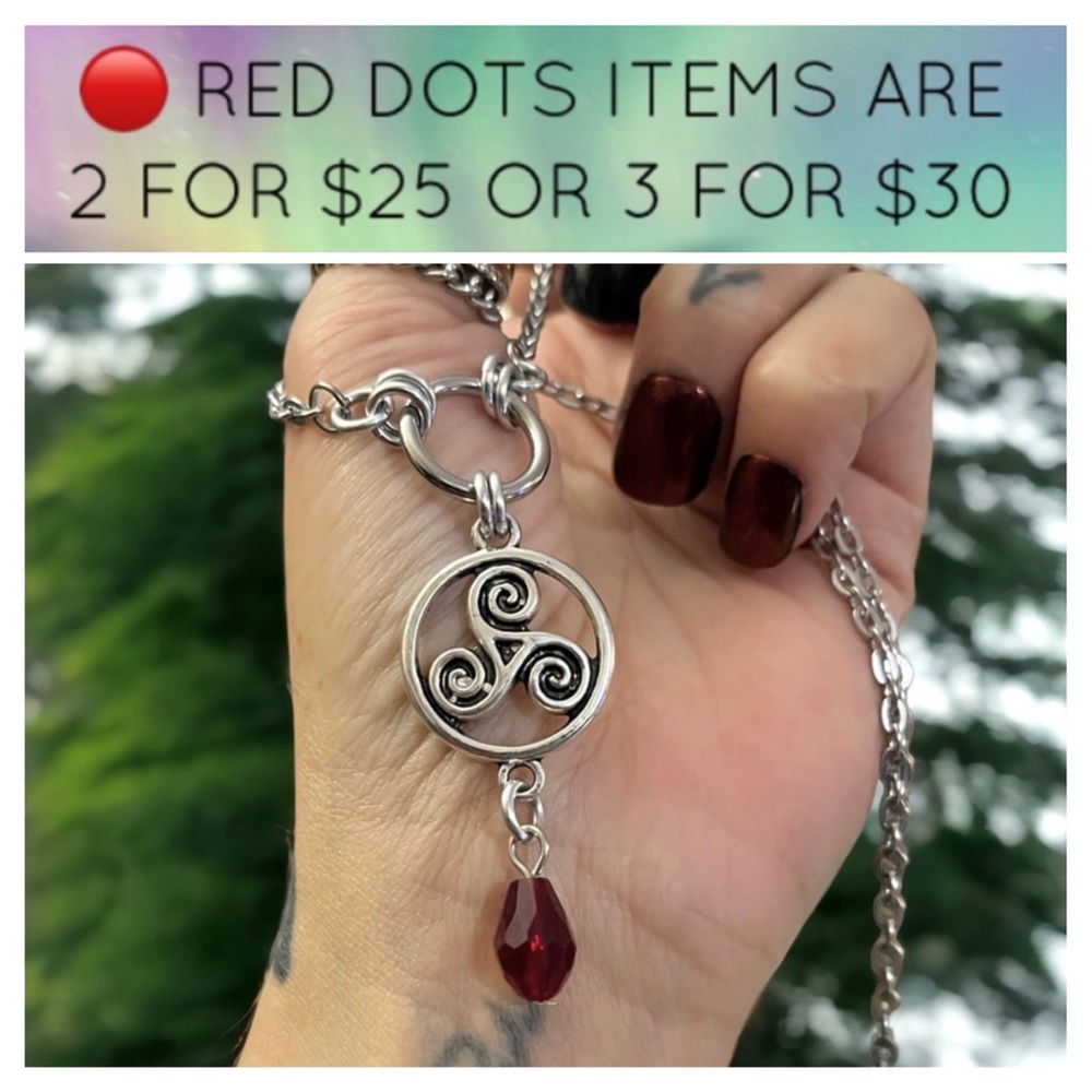 🔴Necklace stainless steel cable link chain , celtic charm & dangly red crystal